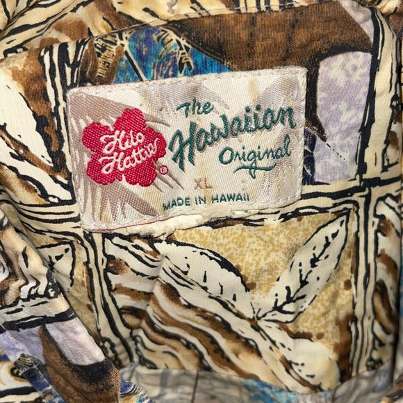 Vtg Hilo Hattie Hawaiian Shirt Mens XL Canoe Sail Beach Vacation Aloha Leaf Tan - Picture 9 of 10